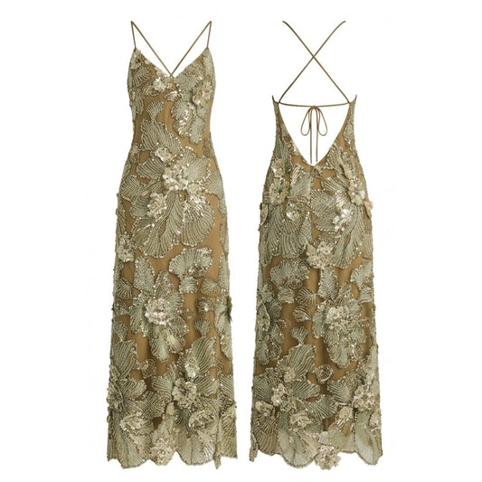 Helsi Samantha Floral Embroidered Sequin Sheath Midi Dress Sage Green Sz M NWT