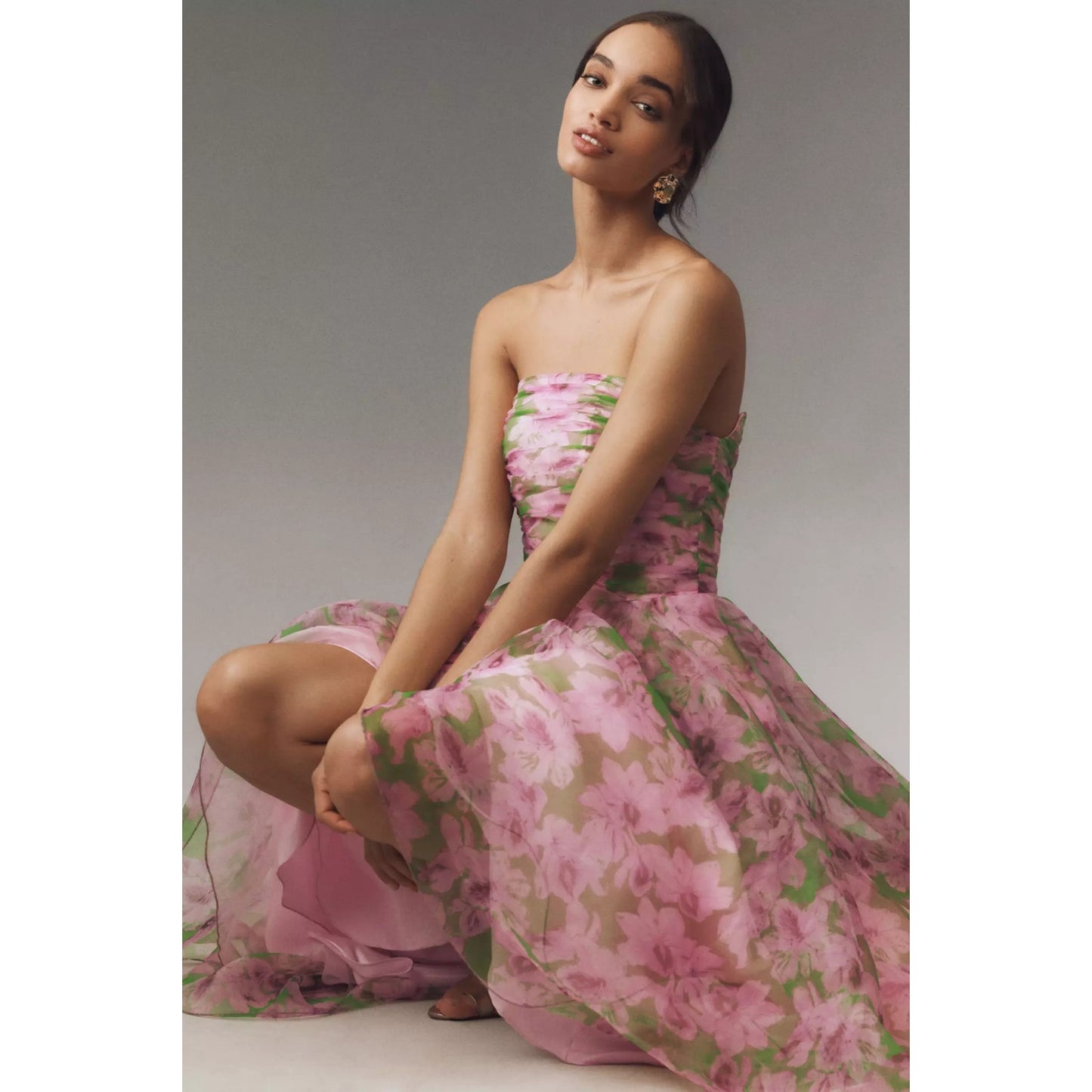 Anthropologie Mac Duggal Multi Pink Strapless Chiffon Maxi Dress Sz 8