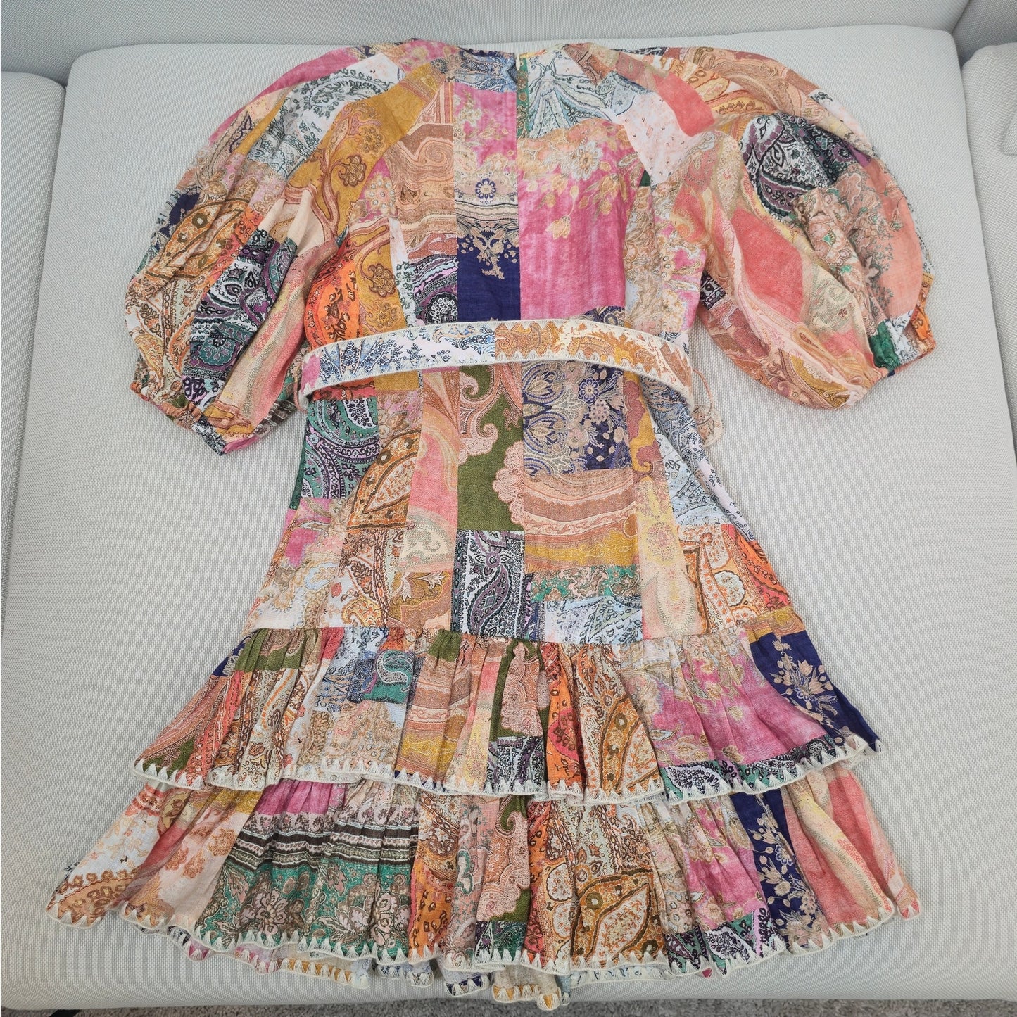 ZIMMERMANN Multi-Color Linen Anneke Ruffle Hem Patchwork Mini Dress Sz 2