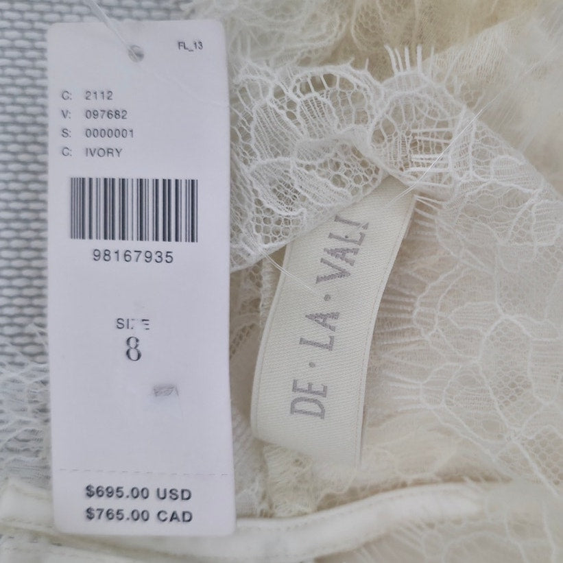 De La Vali Ivory Croissant Long-Sleeve Lace Wedding Mini Dress Sz 8 NWT