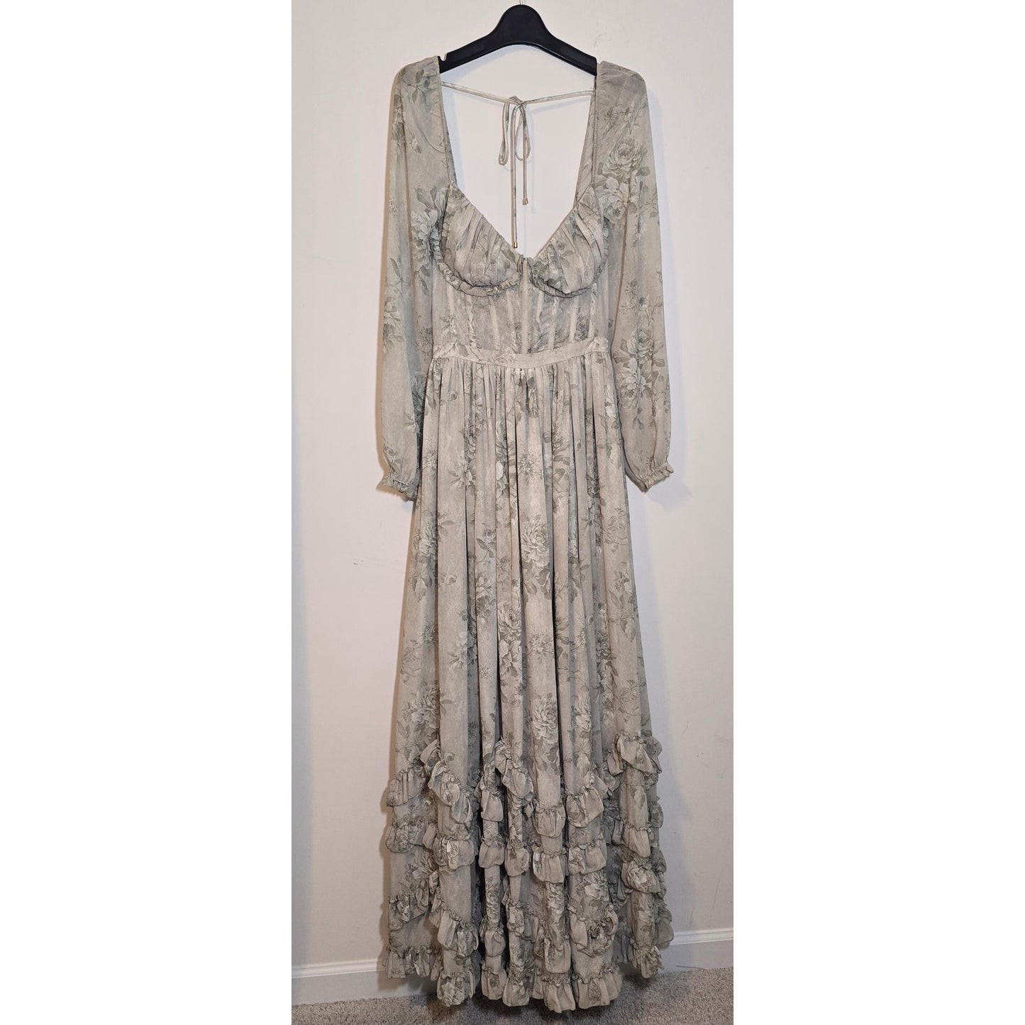V. Chapman Sage Tapestry Carmella Long Sleeve Corset Chiffon Maxi Dress