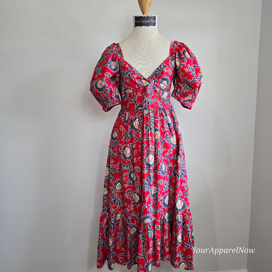 House of Harlow 1960 Red Floral Cottage Core Prairie Midi Dress Sz XS