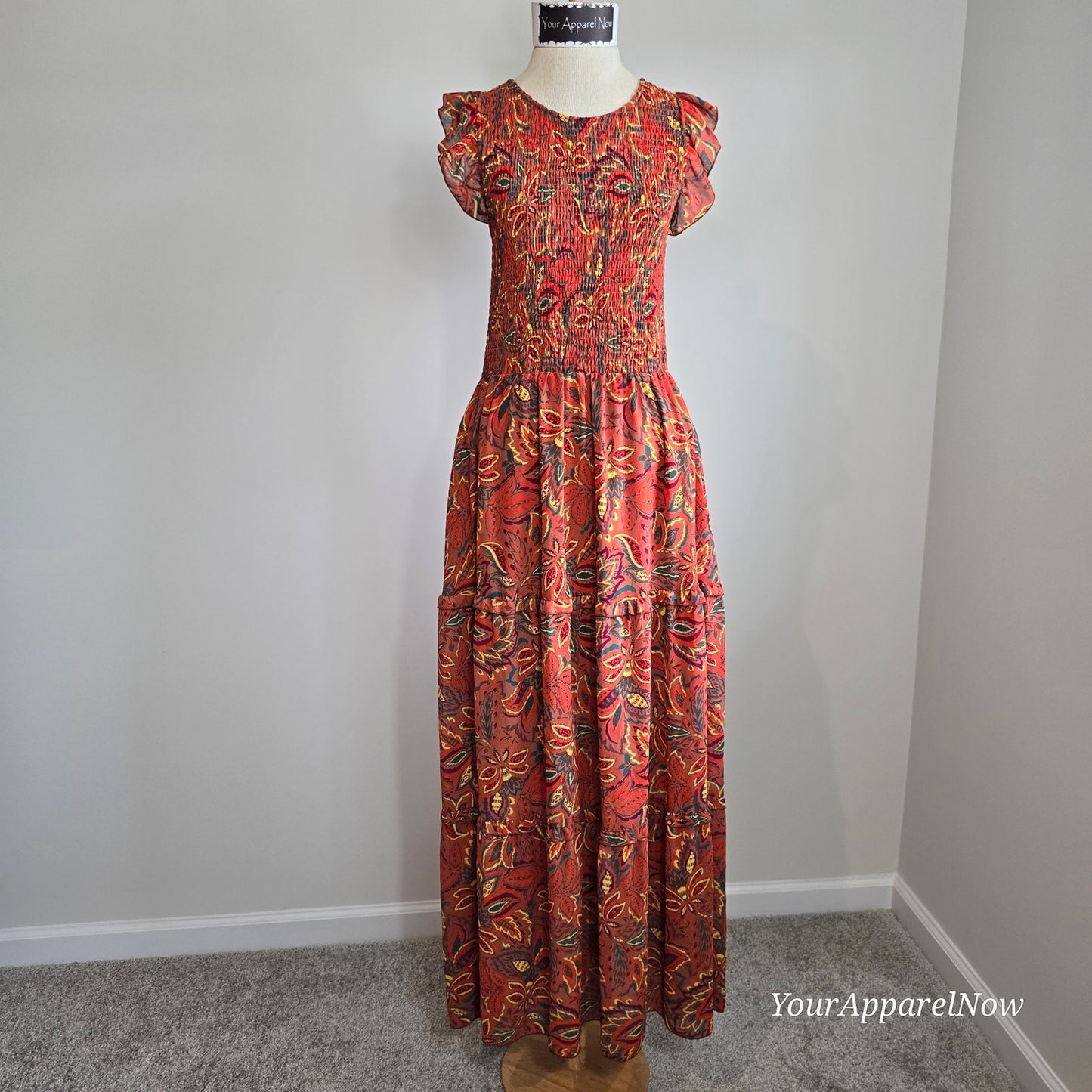 MELLODAY Orange Smocked Floral Tiered Sleeveless Maxi Dress Sz Small (726)