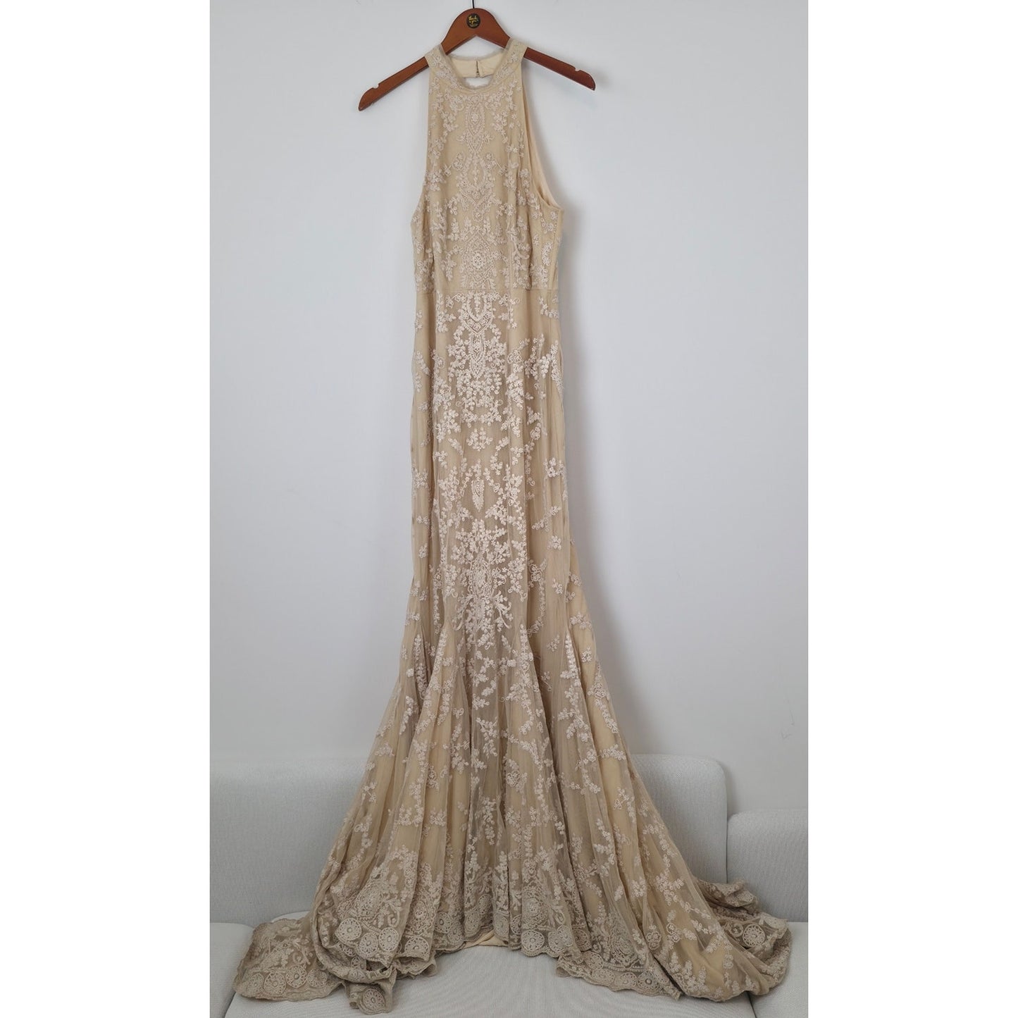 BHLDN Daisy Lace Halter Open Back Wedding Gown Champagne US 10 NWT
