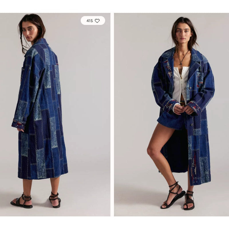 Free People We The Free Open Studio Duster Indigo Patchwork Denim Coat XS/S NWT