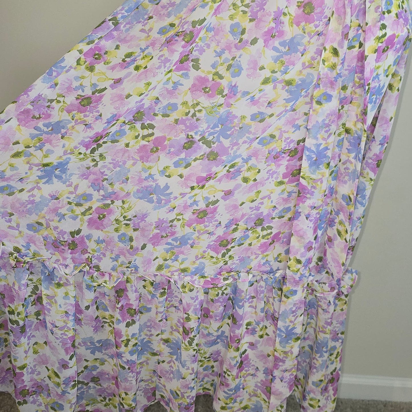 Emma & Michelle Floral Print Sleeveless Ruffle Neck Chiffon Midi Dress Sz Small