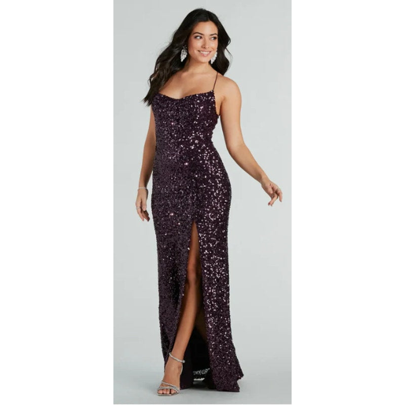 Plum Esperanza Formal Sleeveless A-line Front Slit Sequin Long Dress Sz XS (759)