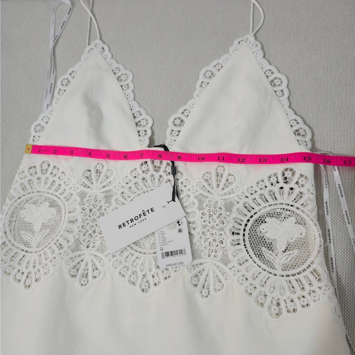 Retrofête Ivory Karlie Open Lace Paneling and scalloped Hem Mini Dress Sz Medium