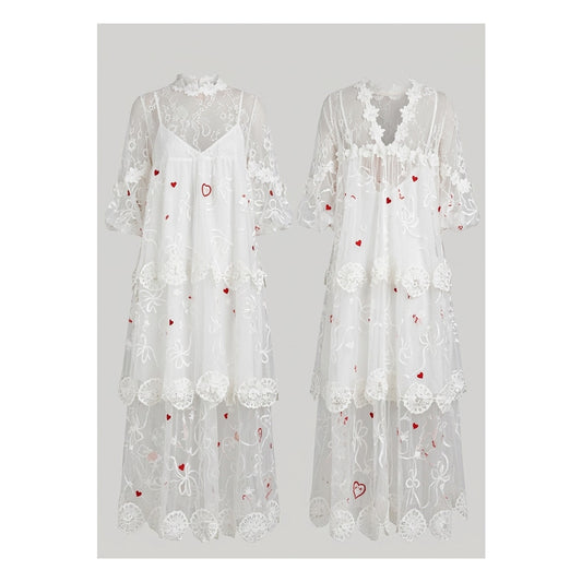 Maeve Sheer 3D Floral V-Neck Maxi Dress Ivory Pink & Red Hearts Sz Small NWT