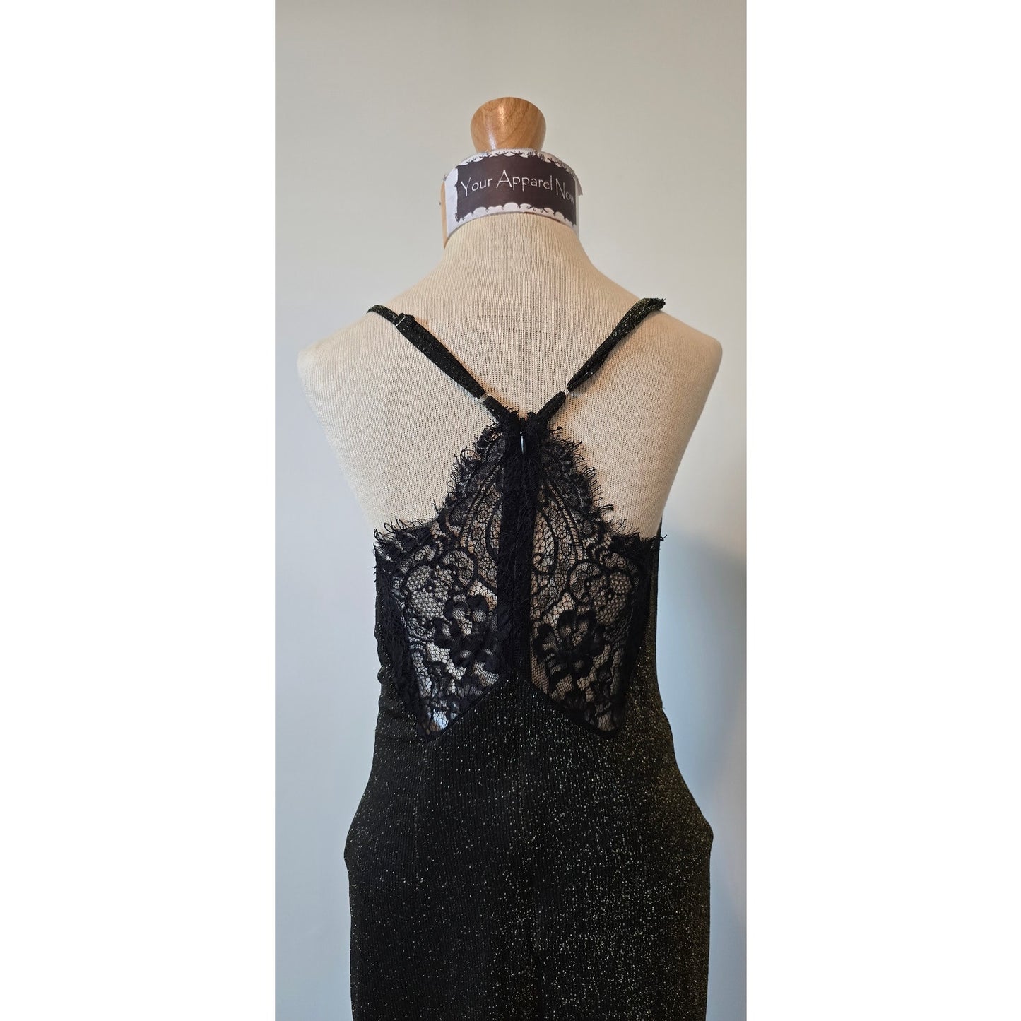 Revolve J.O.A Black Gold Metallic Lace Trim Midi Dress size Small