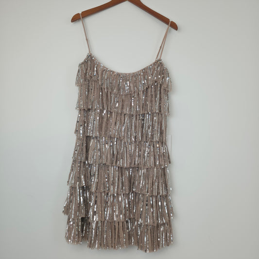 Mac Duggal Beaded Strap Sequin Ruffle Mini Dress in Nude Silver Sz 6 NWT