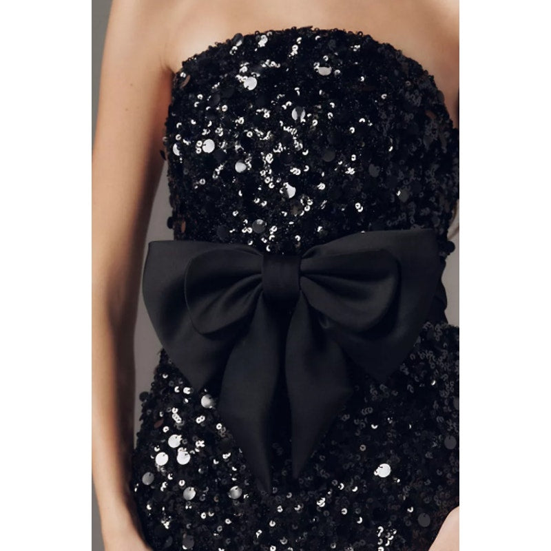 Ieena Mac Duggal Black Strapless Sequin Evening Gown With Bow Sz 6 NWT