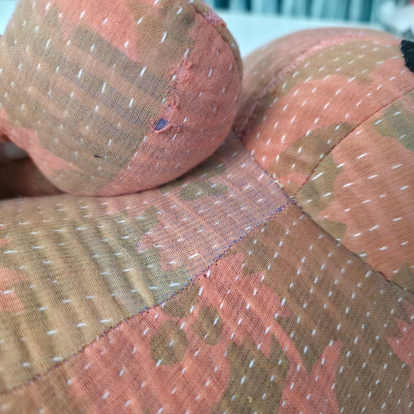 Free People Peach Green Camo Pattern hues Vintage Kantha Quilt Bear