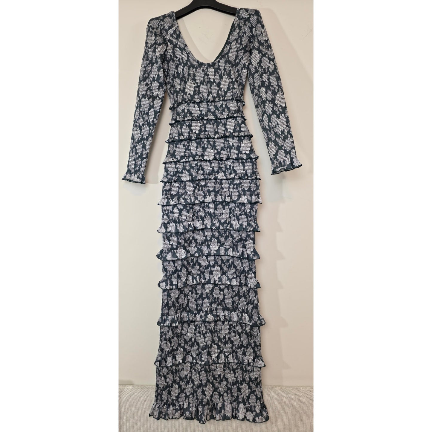 V. Chapman Lanie Maxi Dress Sz 2 Emerald Peony Floral Ruched Ruffle NWT