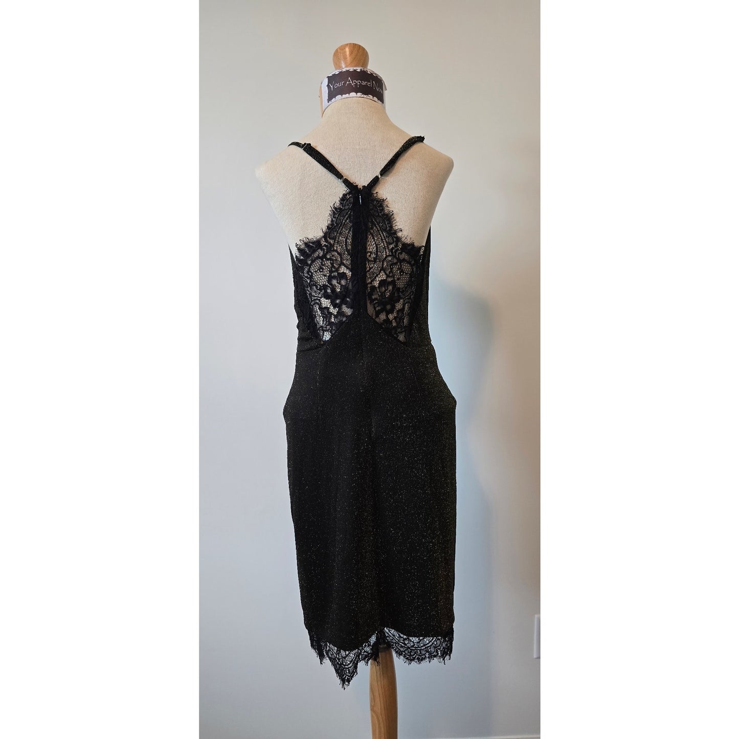 Revolve J.O.A Black Gold Metallic Lace Trim Midi Dress size Small