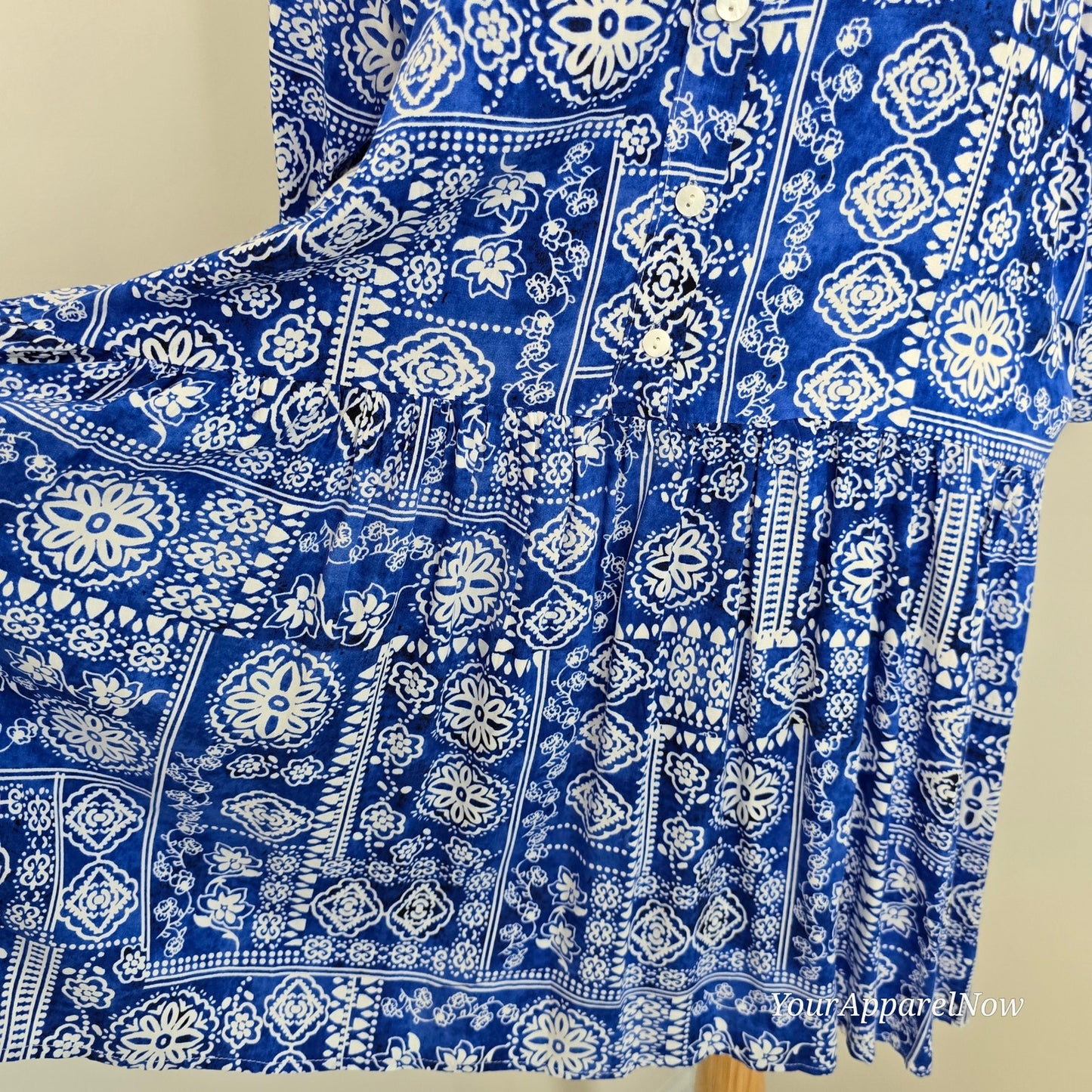 Syllagi Collection Blue & White Cotton Print Blouson Dress/Tunic Size Large