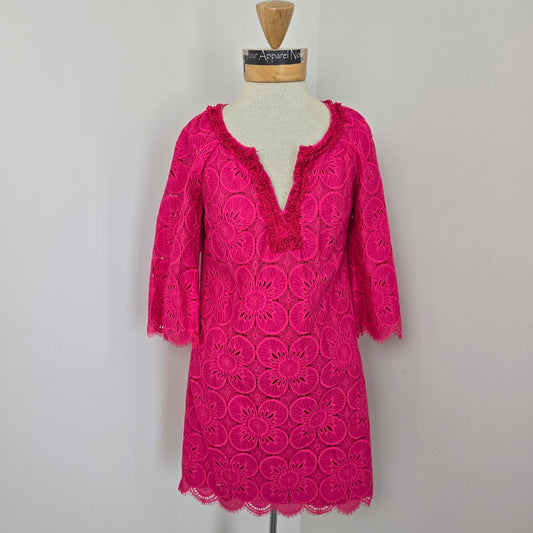 Trina Turk Hot Pink 3/4 Sleeves V Neck Lace Lined Mini Dress Sz 0 (645)