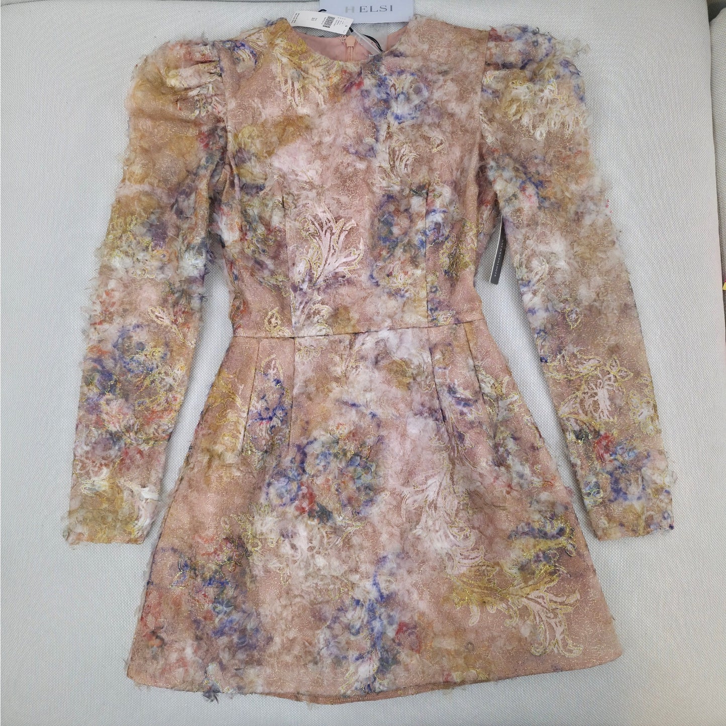 Helsi Gold Watercolor Irina Long-Sleeve High Neck Embellished Mini Dress sz XS