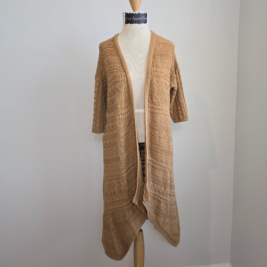 Chico's Women's Tan Short Sleeve Knit Long Open Cardigan Sweater Sz 2 (704)