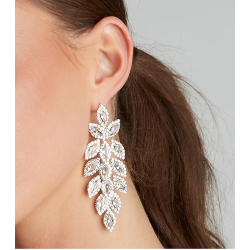 Silver Marquise Leaves Rhinestone Teared Earrings (768)