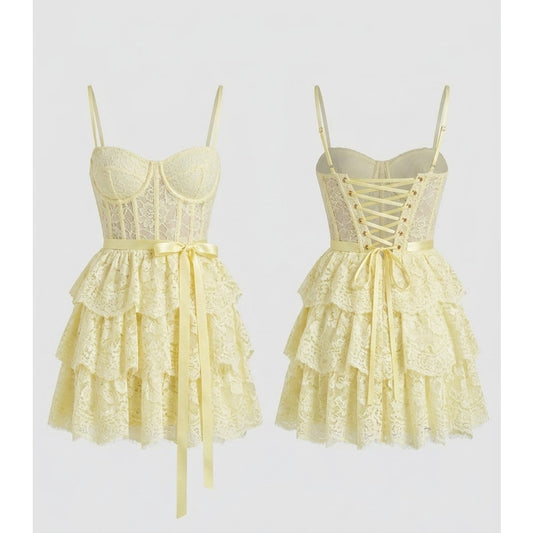 V. Chapman Josie Dress Transparent Yellow Sleeveless Lace Corset Mini Sz 4 NWT