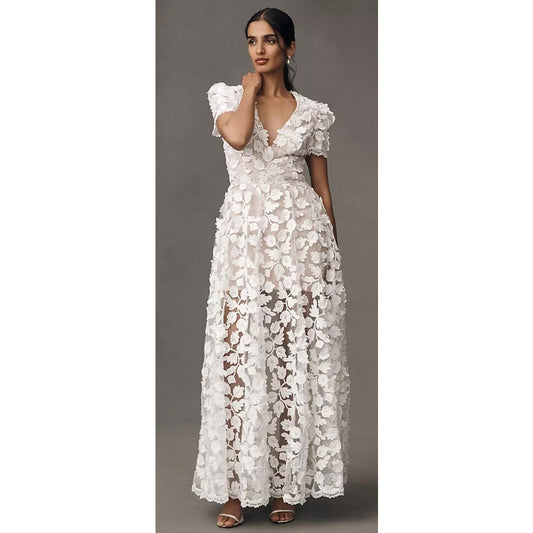 Helsi Clara Puff-Sleeve Sheer Floral Appliqué Maxi Dress Sz Medium NWT