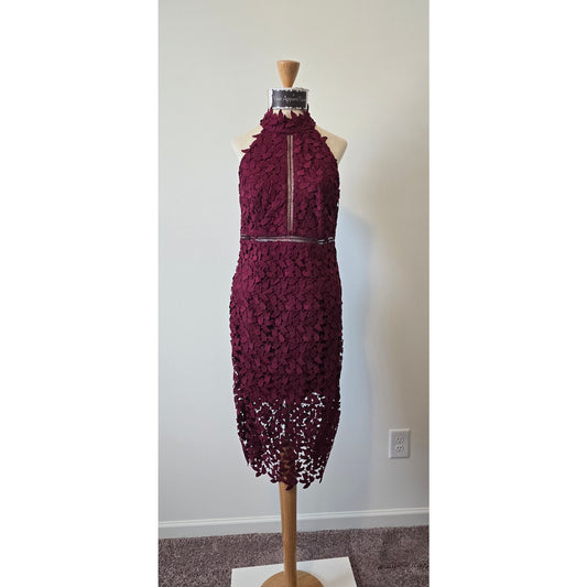 Bardot Women Halter Open Back Wine Cutouts Lace Midi Dress Sz 8 (0991)