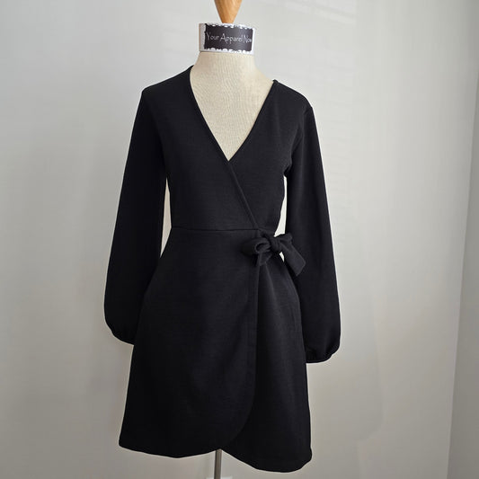 Madewell Women Black Long Sleeve V neck Faux Wrap Midi Dress Sz XS (705)