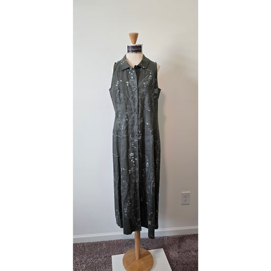 John Paul Richard Green Linen Sleeveless Collared Floral Midi Dress Sz MP (0987)