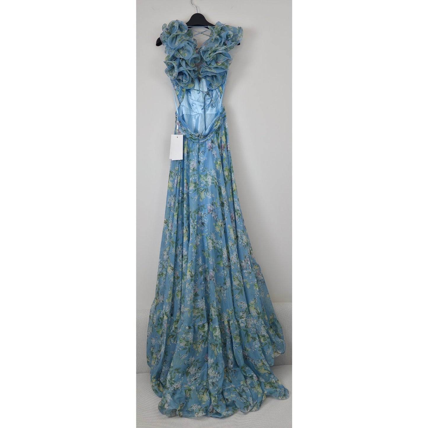 Mac Duggal Blue Ruffle Tiered Floral Cut-Out Chiffon Gown Sz 2 NWT