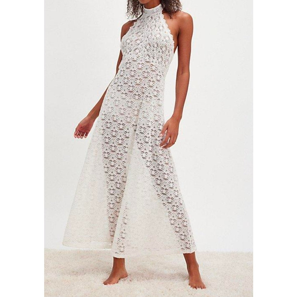 Only Hearts OFF White Sheer Lace Adorn Aline Maddalena Dianna Maxi Gown Sz M