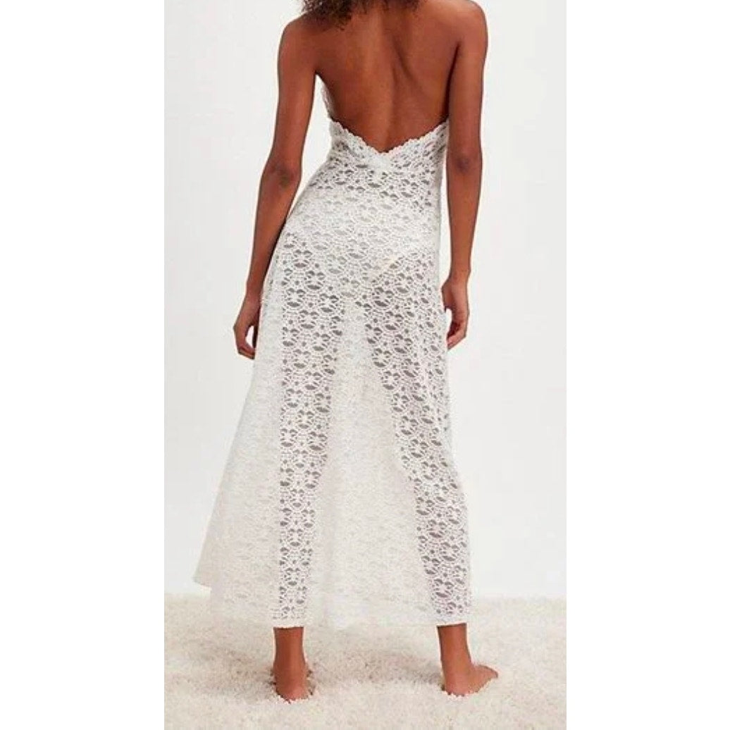 Only Hearts OFF White Sheer Lace Adorn Aline Maddalena Dianna Maxi Gown Sz M