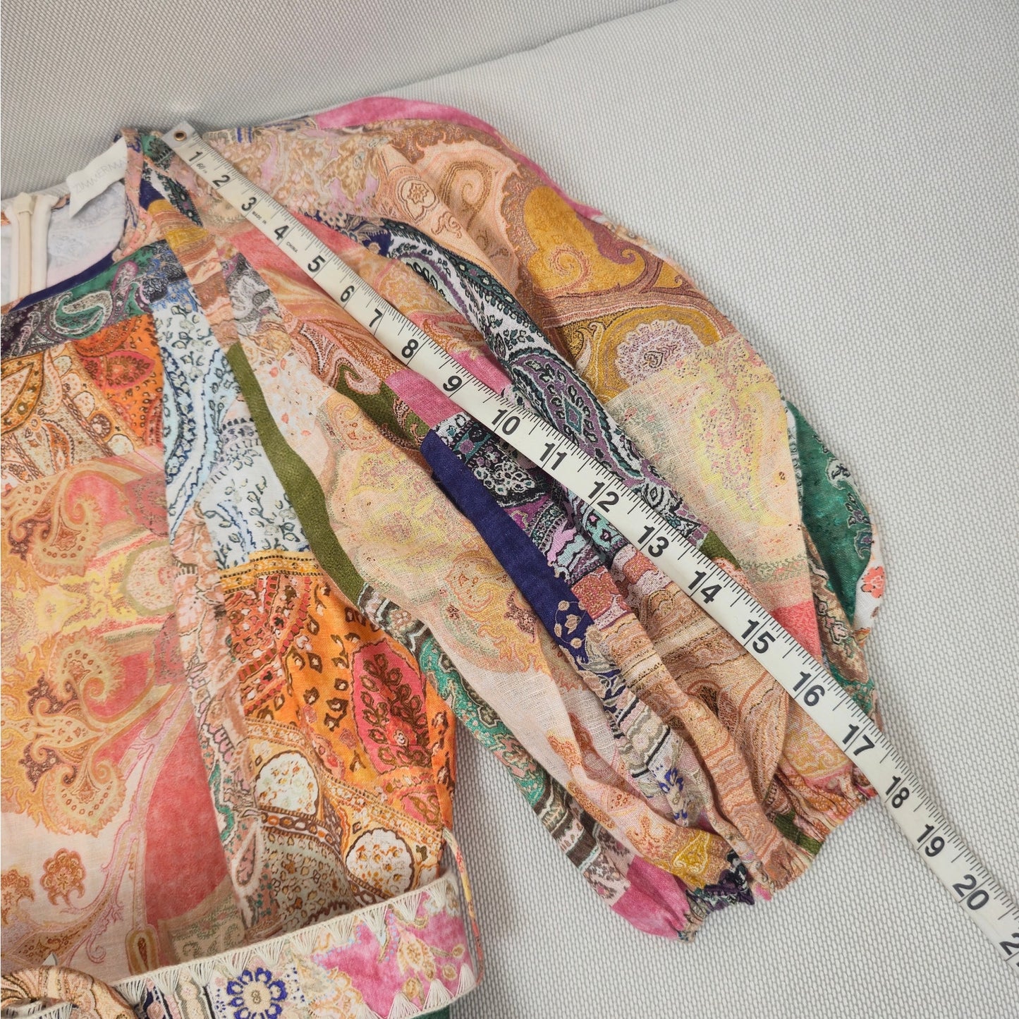 ZIMMERMANN Multi-Color Linen Anneke Ruffle Hem Patchwork Mini Dress Sz 2