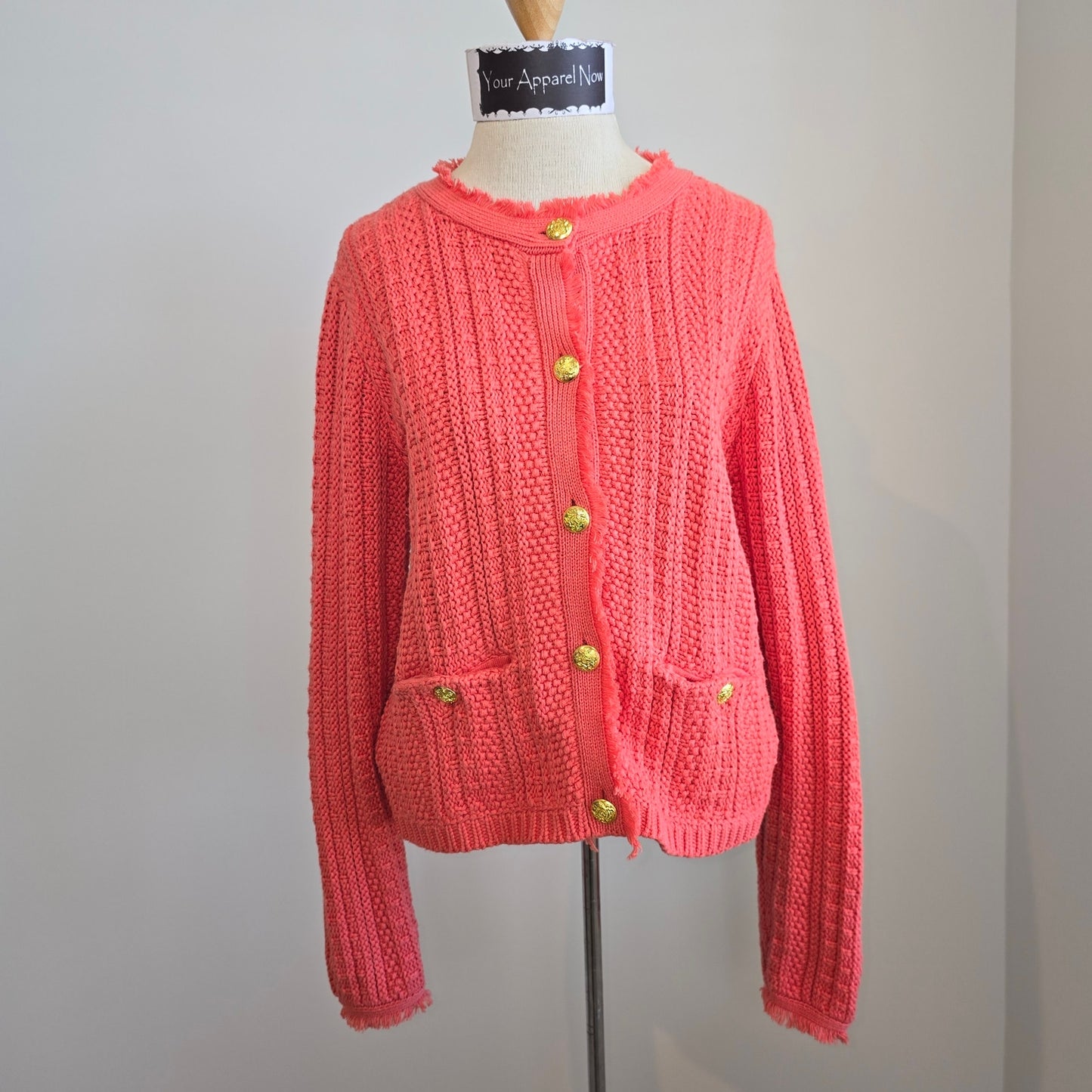 Tahari Women's Coral Gold Buttons Knit Round Neckline Cardigan Sweater Sz (695)