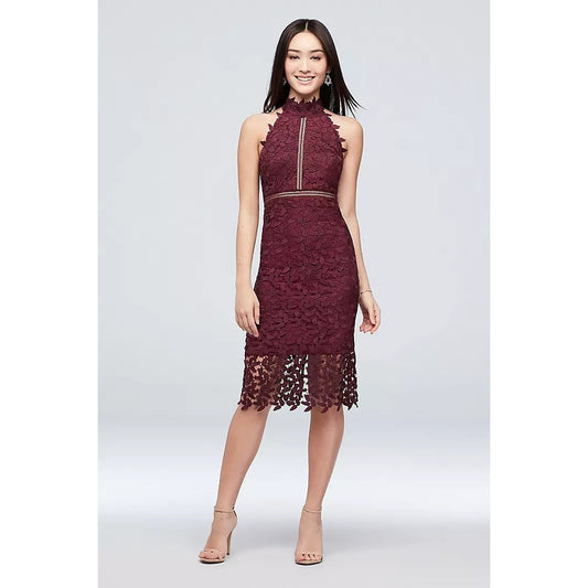 Bardot Burgundy Short Lace High-Neck w/illusion details Midi Dress Sz 8/M NWT