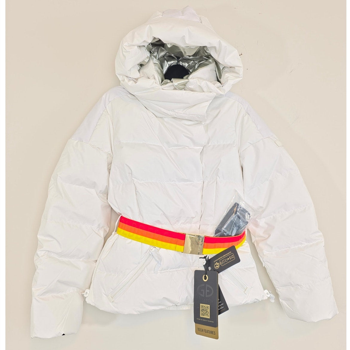 Goldbergh Bufera Quilted Ski Jacket White Hooded Down Puffer Coat Size 10 NWT