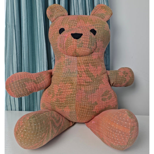 Free People Peach Green Camo Pattern hues Vintage Kantha Quilt Bear