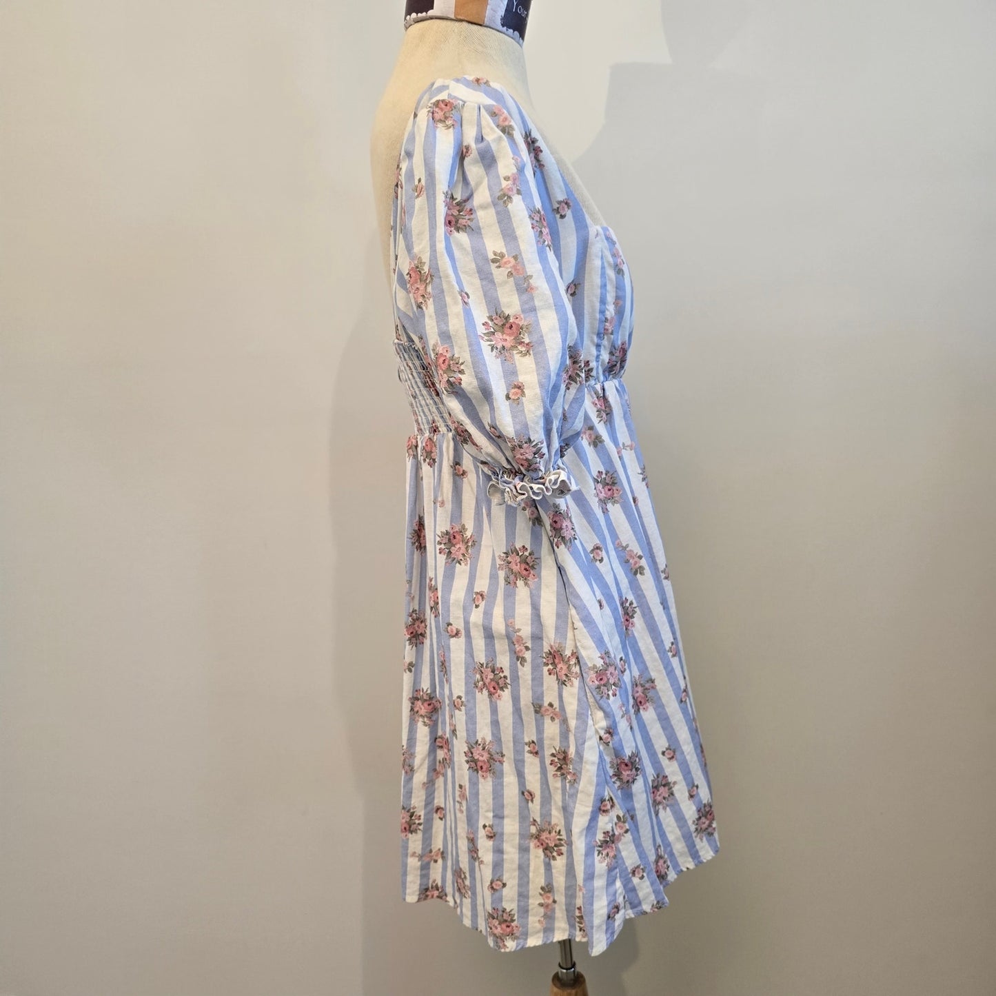 Show Me Your Mumu Addie White Blue Stripes Floral Short Sleeve Mini Dress Sz M