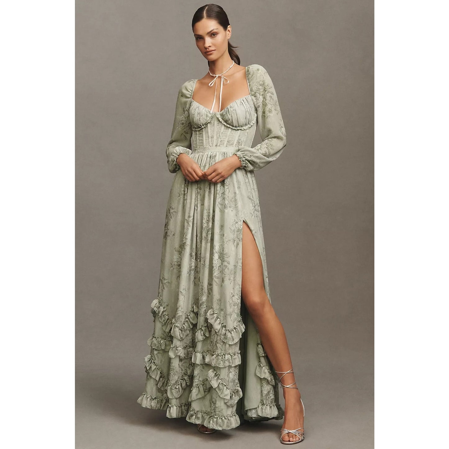 V. Chapman Sage Tapestry Carmella Long Sleeve Corset Chiffon Maxi Dress