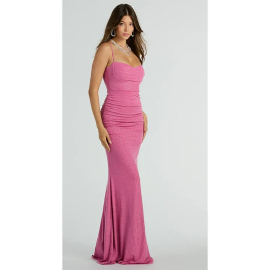 Ayanna Pink Formal Glitter Ruched Mermaid Long Dress Sz Small (756)