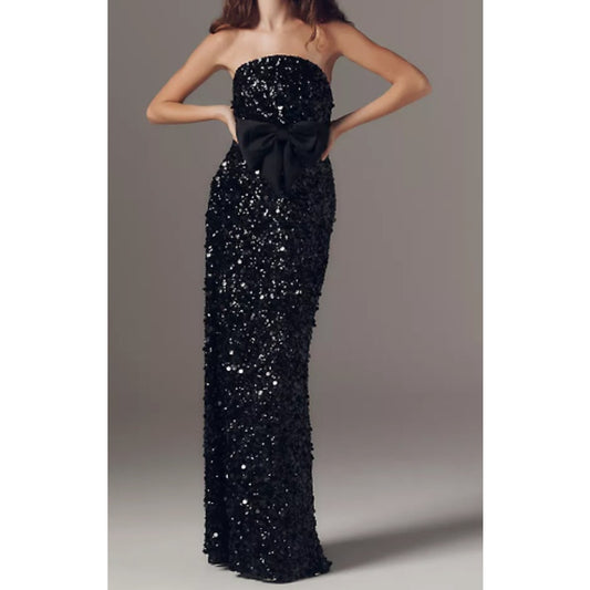 Ieena Mac Duggal Black Strapless Sequin Evening Gown With Bow Sz 6 NWT