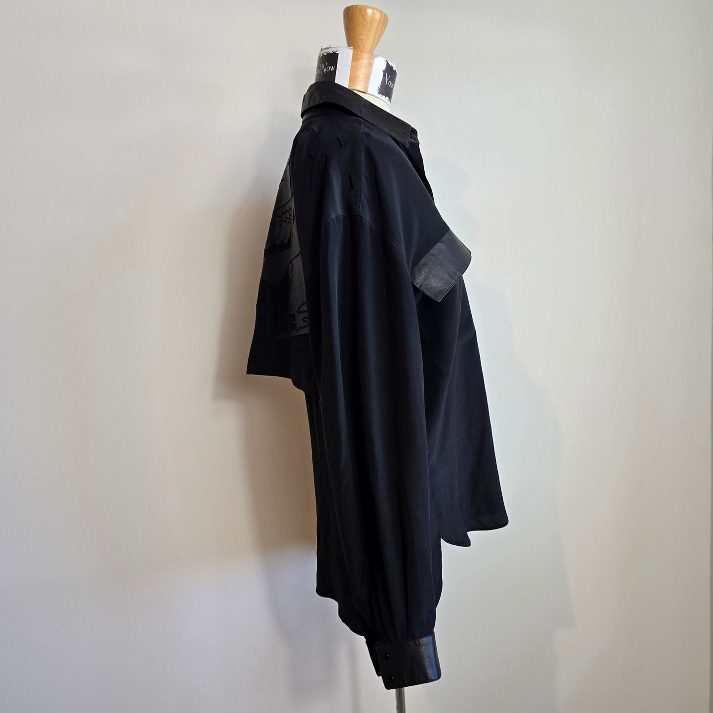 Vintage BOK HAUTE COUTURE Black Button Down Blouse Leather Trim (741)