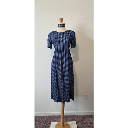 J.B.S Women Blue Vintage Crew Neck Short Sleeve Plaid Midi Dress Sz. 4(0993)