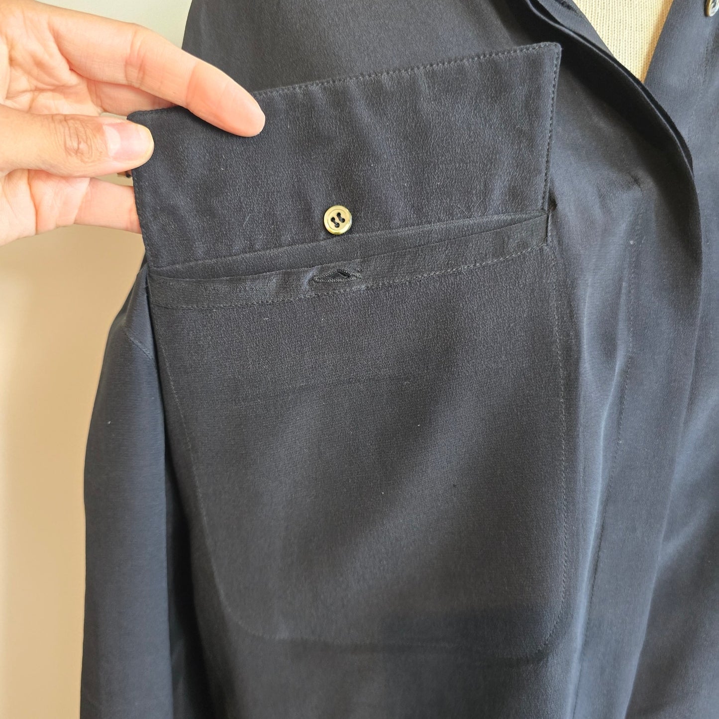 Vintage BOK HAUTE COUTURE Black Button Down Blouse Leather Trim (741)