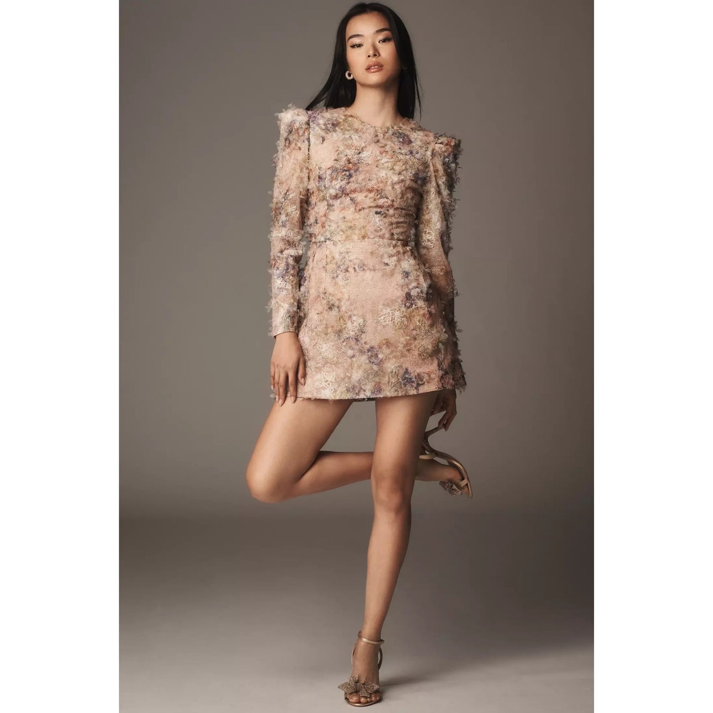 Helsi Gold Watercolor Irina Long-Sleeve High Neck Embellished Mini Dress sz XS