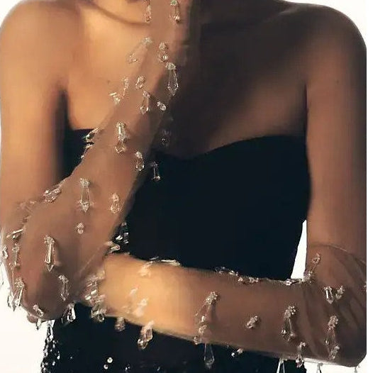 Anthropologie Dripping Crystal Tulle Gloves