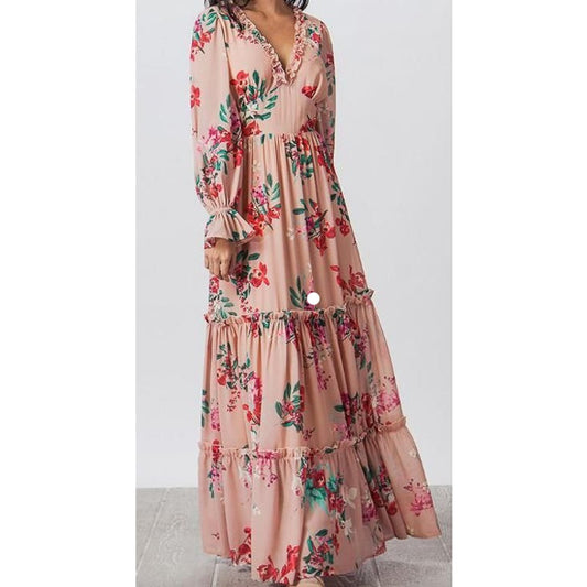 VICI Pink Floral Print Long Sleeve Ruffle & backless Maxi Dress Sz Medium