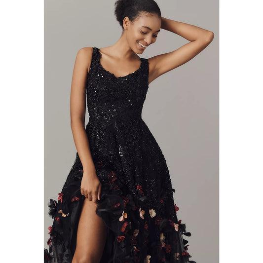 Mac Duggal Sleeveless Sequin Floral Appliqué Midi Dress Sz 10 NWT