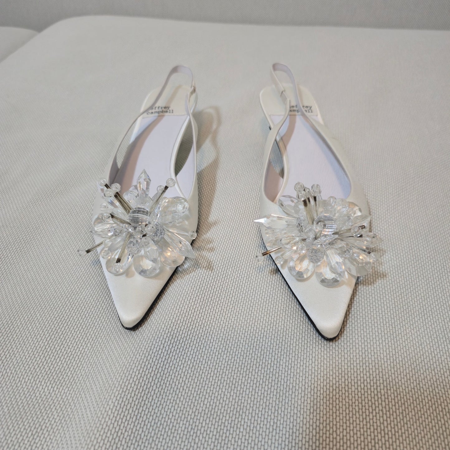 Jeffrey Campbell Kitten Heel Slingback White Satin Crystal Embellishment Sz 6.5