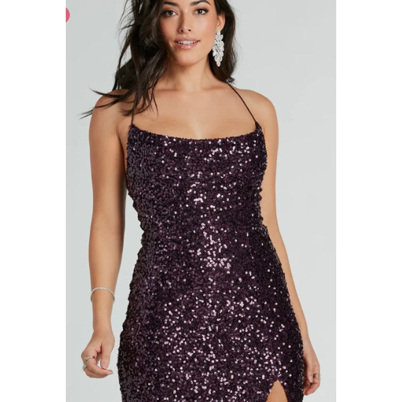 Plum Esperanza Formal Sleeveless A-line Front Slit Sequin Long Dress Sz S (758)